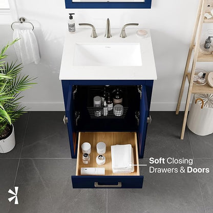 Eviva Aberdeen 24 in. Blue Single Sink Bath Vanity with Carrara Quartz Top and Undermount Porcelain Sink