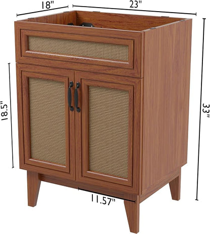JONATHAN Y Javer Bohemian Rattan Freestanding Bath Vanity, 24", Walnut | 18" Deep, 33" High, 2 Soft-Close Doors, Caned Paneling, 2-Shelf Storage, Basin Not Included, Modern Farmhouse Style