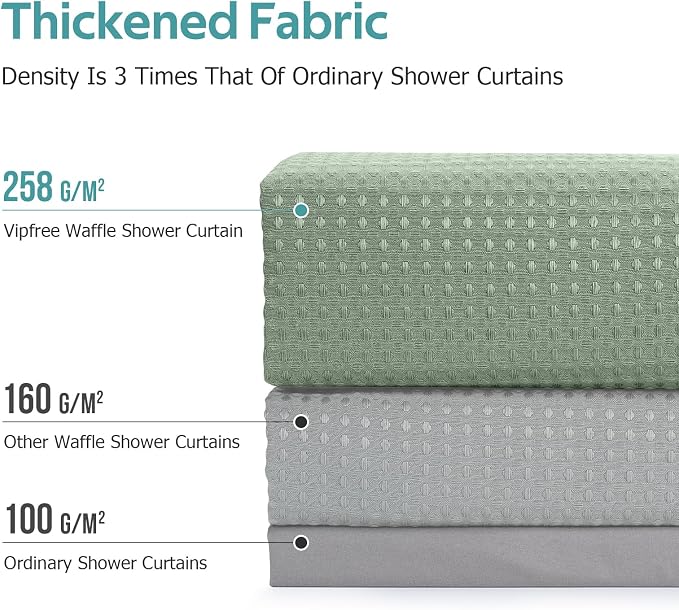 3 in 1 Shower Curtain Set, Waffle Shower Curtain and Liner Set with 12 Double Sided Shower Curtain Hooks, 258GSM Luxury Weighted Cloth Shower Curtains for Bathroom, 72 W x 72 H, Sage Green