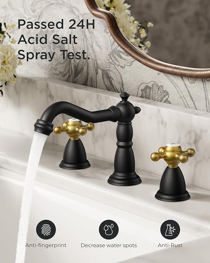 FORIOUS Matte Black and Gold Brass Antique Vintage Bathroom Faucet with Metal Pop Up Drain and 24" Water Hose for 3 Hole 8 Inch Widespread Bathroom Sink Farmhouse Vanity