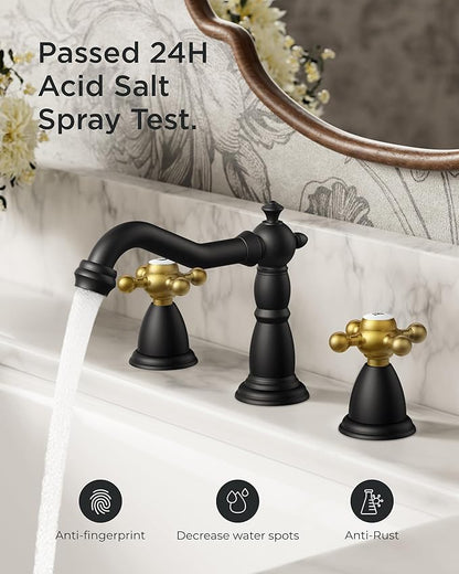 FORIOUS Matte Black and Gold Brass Antique Vintage Bathroom Faucet with Metal Pop Up Drain and 24" Water Hose for 3 Hole 8 Inch Widespread Bathroom Sink Farmhouse Vanity