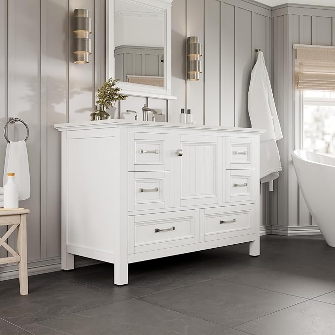 Eviva Britney 42 Inch Vanity with Top - White 42 Bathroom Vanity with Sink and Countertop White Carrara Quartz & Porcelain Sink Combo for Bathroom Sink Cabinet