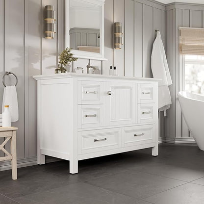 Eviva Britney 42 Inch Vanity with Top - White 42 Bathroom Vanity with Sink and Countertop White Carrara Quartz & Porcelain Sink Combo for Bathroom Sink Cabinet