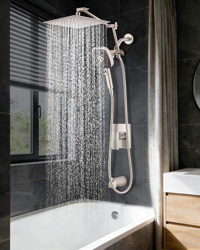 10" Rainfall Shower Head with Handheld Combo, High Pressure Dual Showerhead with Square Rain& Magnetic Hand Sprayer, 15" Adjustable Metal Extension Arm (Brushed Nickel)