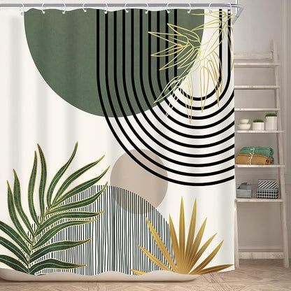 Mid Century Dark Green Boho Abstract Modern Bathroom Shower Curtain Set | 72Wx72L S Gold design, waterproof HD print with fast-drying fabric and 12 hooks.