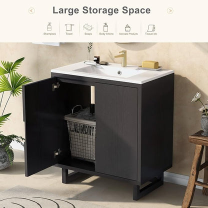 30 Inches Bathroom Vanity Set, Combo Freestanding Stand Storage Cabinet and Square Resin Sink Top
