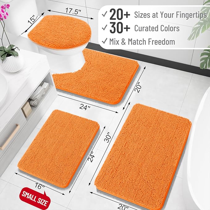 OLANLY Toilet Rugs U-Shaped 20x20, Soft Absorbent Chenille Contour Rugs | Orange, Quick-Drying Rubber Backing, Machine Washable Non-Slip Shaggy Bathroom Mat for Toilet, Home Decor Accessories