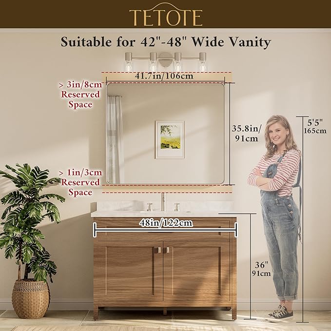 TETOTE Black Framed Mirrors for Bathroom, 42 x 36 Inch Modern Decorative Wall Mounted Rectangle Matte Framed Vanity Mirror (Horizontal/Vertical)