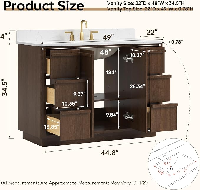 48" Fully Assembled Bathroom Vanity with Sink, Dark Brown | Solid Wood Frame Vanity with Engineered Stone Top & Backsplash, Ceramic Sink, 6 Full-Extension Drawers & 2 Soft-Close Doors