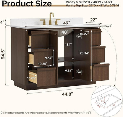 48" Fully Assembled Bathroom Vanity with Sink, Dark Brown | Solid Wood Frame Vanity with Engineered Stone Top & Backsplash, Ceramic Sink, 6 Full-Extension Drawers & 2 Soft-Close Doors