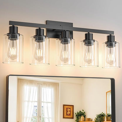 Hasipu 5-Light Black Bathroom Vanity Light Fixtures Over Mirror | HD Clear Glass Shade, Sturdy Rust-Resistant Metal Frame, E26 Socket, Dust-Proof, Easy to Clean, for Bathroom Kitchen Hallway