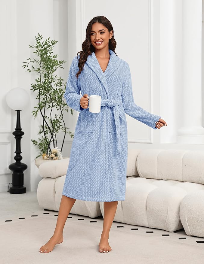 Ekouaer Women's Robe Long Plush Soft Bathrobe Cozy Warm Robes Shawl Collar Sleepwear with Pockets