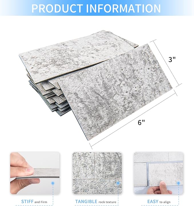 Art3d 102-Pack Peel and Stick Backsplash, Natural Stone White | 3 x 6 in, PVC, Self Adhesive, Waterproof, Traceless Peel, Modular Splicing, Ideal for Vanities, Bathrooms