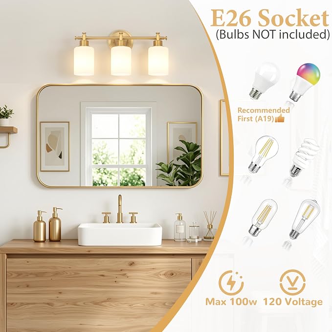 3 Light Brushed Gold Bathroom Vanity Light Fixture Over Mirror, 17.5 Inch | Modern Gold Vanity Light Fixtures with White Glass Shade, Wall Sconce for Bathroom, Bedroom, Hallway, Living Room, E26 Socket