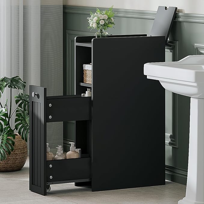 ChooChoo Slim Bathroom Storage Cabinet with Slide Out Drawers | Narrow Storage Organizer with Hidden Storage, Freestanding Toilet Paper Holder, Bathroom Cabinet for Small Places, Black