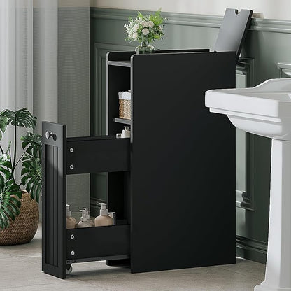 ChooChoo Slim Bathroom Storage Cabinet with Slide Out Drawers | Narrow Storage Organizer with Hidden Storage, Freestanding Toilet Paper Holder, Bathroom Cabinet for Small Places, Black