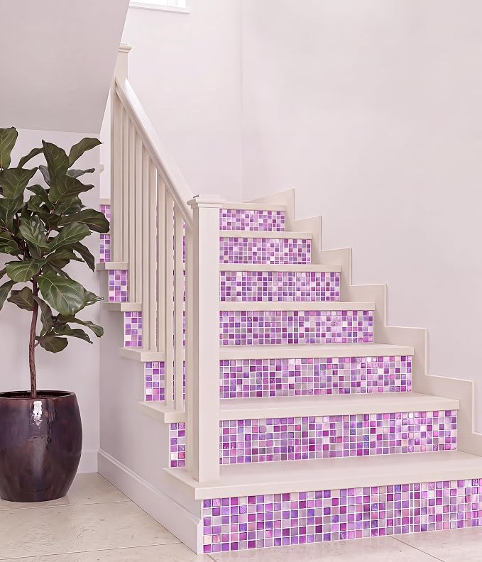 3D Mosaic Tile Sticker Removable Wallpaper Tile, 3D Self Adhesive Wall Tiles Bathroom Wall Tiles for Kitchen Backsplash Purplish Pink,PVC Square Decorative Vinyl Decals,4 Sheets