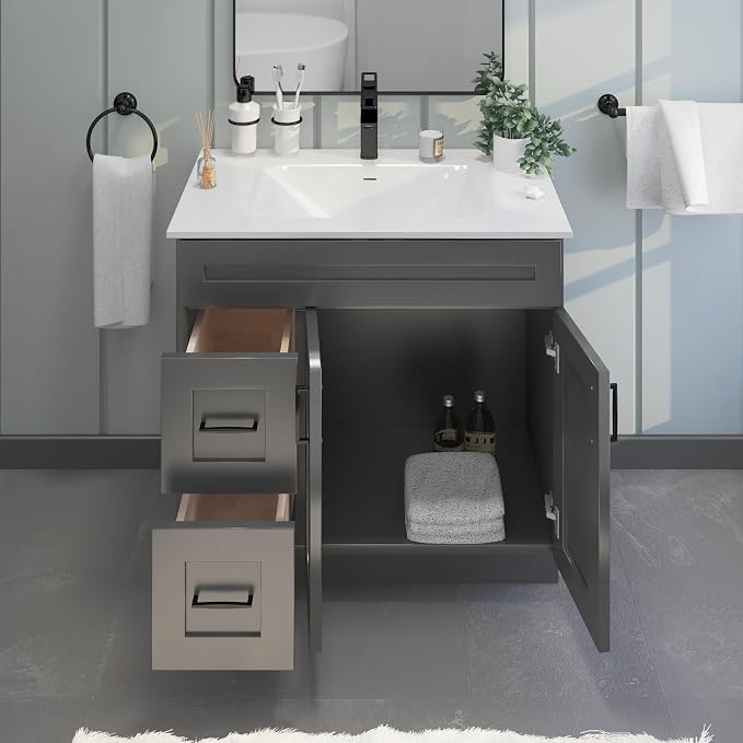 36” Grey Shaker Bathroom Vanity Base – Ready-to-Assemble Sink Cabinet with Drawers, Shaker Style Storage, Base Only, No Top or Sink