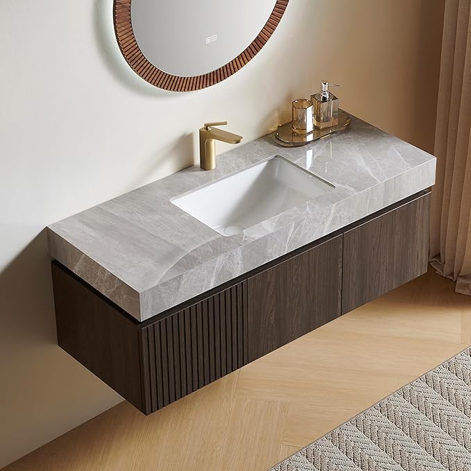 48” Floating Bathroom Vanity with Sink, Wall-Mounted Cabinet with Drawer & Doors, Gray Travertine-Pattern Sintered Stone Top, Undermount Basin, Single Faucet Hole, Soft-Close, Pre-Assembled, Dark Oak