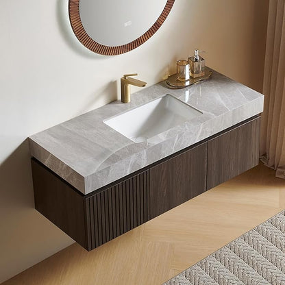 48” Floating Bathroom Vanity with Sink, Wall-Mounted Cabinet with Drawer & Doors, Gray Travertine-Pattern Sintered Stone Top, Undermount Basin, Single Faucet Hole, Soft-Close, Pre-Assembled, Dark Oak