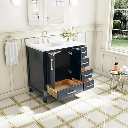 36-Inch Bathroom Vanity with Sink, 2 Soft-Close Doors and 5 Soft-Close Drawers, Bathroom Freestanding Vanity with Cultured Marble Countertop, Navy Blue Vanity with Brushed Nickel Handles