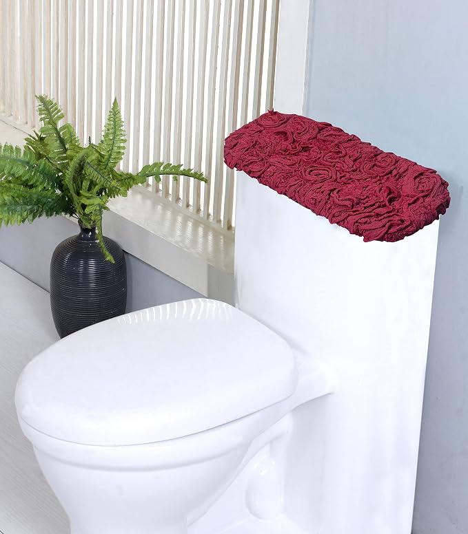 Home Weavers Bell Flower Toilet Tank Lid Cover – 10"x22", 100% Cotton, Tufted, Soft & Absorbent, Non-Slip, Machine Washable Bathroom Décor, Red