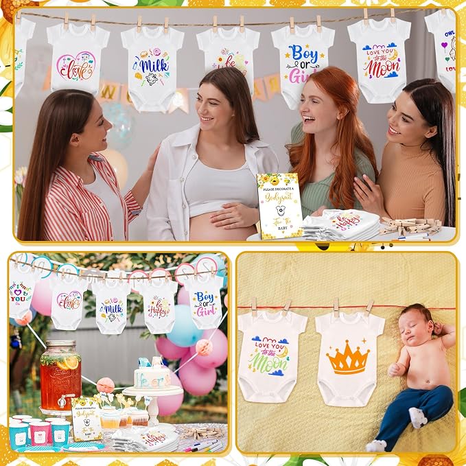 Panitay 126 Pcs Baby Shower DIY Bodysuit Set Bib 25 Blank White Newborn Bodysuit 25 Stencils 24 Marker 1 Sign 50 Pins(Bee)
