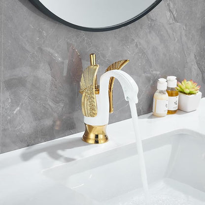 Bathroom Faucet White Mixed Gold Swan Single Handle 1 Hole Bathroom Vanity Faucet Basin Tap Deck Mount Lavatory