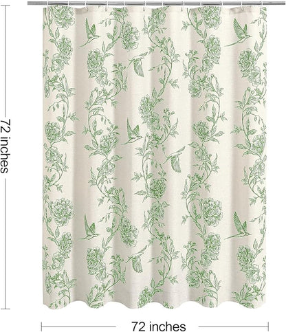 MitoVilla Green Farmhouse Shower Curtain Set, Cotton Floral Hummingbird Cottagecore Spring Shower Curtains for Bathroom, Modern Country Bathroom Décor, 72" W x 72" L