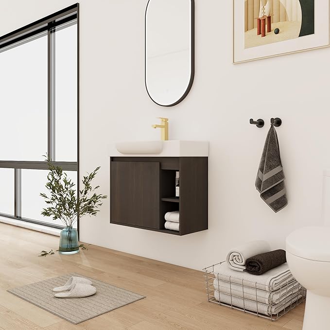 28" Wall-Mounted Bathroom Vanity with Ceramic Sink, 28 inch Floating Single Sink Vanity Cabinet Modern Brown 1-Door Design with Storage Shelf (Space-Saving for Small Bathrooms), Black