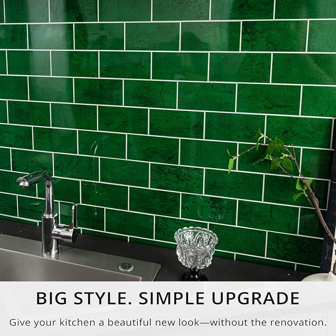 StyloVue 100 Pieces Peel and Stick Backsplash for Kitchen, 3" x 6" PVC Subway Tile, 2026 Upgraded Emerald Green Stone, Stick on Wall Tile for Kitchen, Bathroom, Fireplace, RV