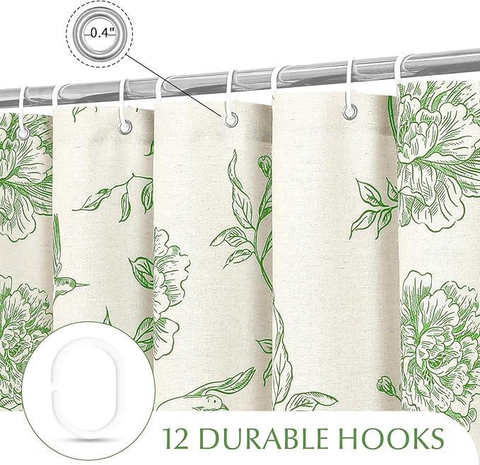 MitoVilla Green Farmhouse Shower Curtain Set, Cotton Floral Hummingbird Cottagecore Spring Shower Curtains for Bathroom, Modern Country Bathroom Décor, 72" W x 72" L