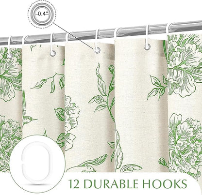 MitoVilla Green Farmhouse Shower Curtain Set, Cotton Floral Hummingbird Cottagecore Spring Shower Curtains for Bathroom, Modern Country Bathroom Décor, 72" W x 72" L