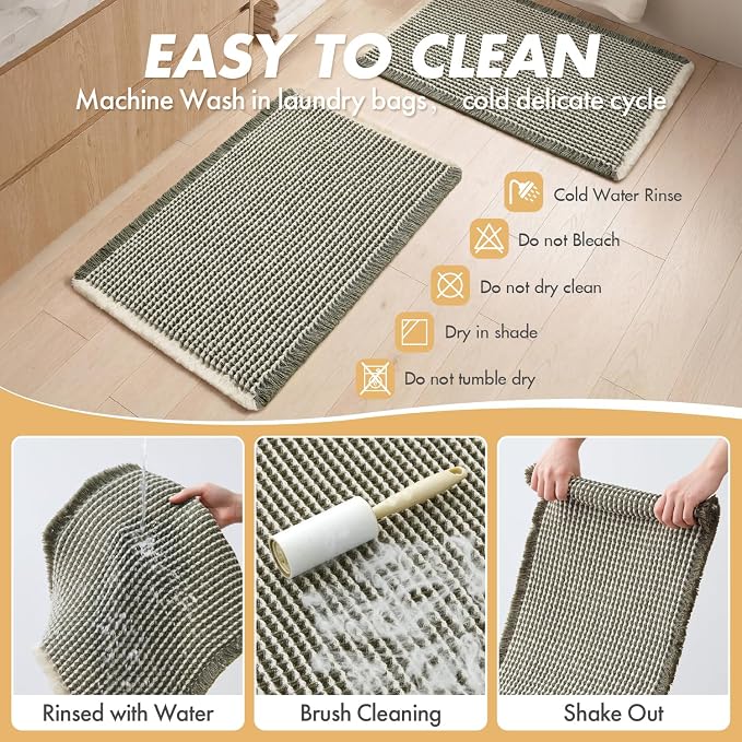 MIULEE Set of 2 Waffle Bathroom Rugs Green&Cream Bath Mat 17"x24"+18"x30" | Non Slip, Super Absorbent, Washable, Ultra Soft, Rubber Backed, Small Boho Bath Rugs for Bathroom Floor Tub Shower
