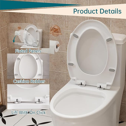 17" Round Toilet Seat with Soft Close, Quick Release and Quick Attach Design, Plastic Toilet Seat with Non-Slip Bumpers, Never Loosens and Easy to Install and Clean, Fits Most Round Toilets