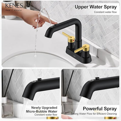 KENES Black and Gold Pull Out Centerset Bathroom Faucet 3 Hole, 4 Inch 2 Handle Bathroom Sink Faucet with Pull Out Sprayer, Vanity Faucet with Pop Up Drain & Supply Lines LJ-9059A-BG
