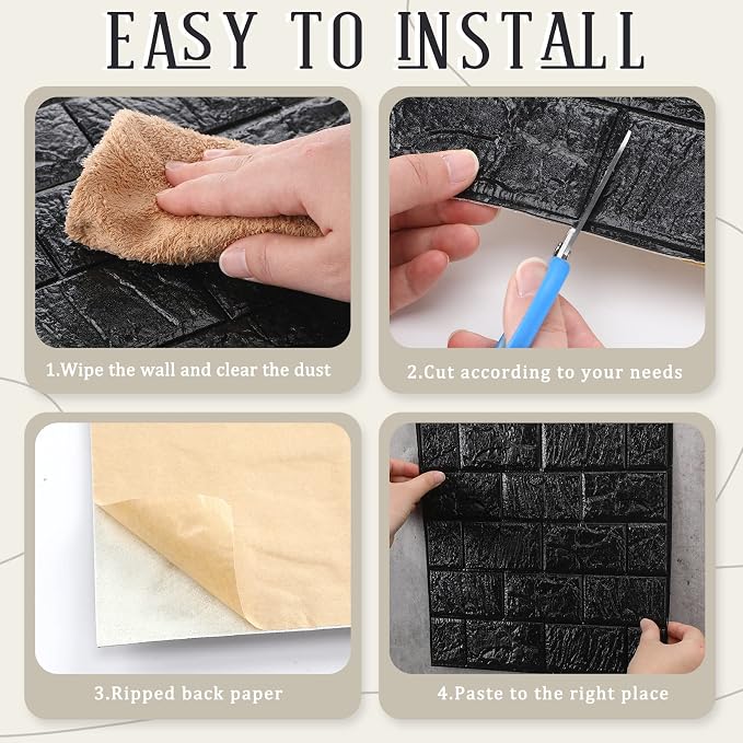 30 Pcs 3D Wall Panels Peel and Stick Wallpaper Foam, Black | Faux Brick Stone Tiles, Covering 28.8-48.4 Sq ft, Self Adhesive Waterproof Panels for Bedroom Living Room Kitchen Walls