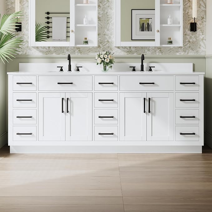 84-Inch Bathroom Vanity with Double Sinks W/ 4 Doors & 12 Drawers & 2 Flip Drawers, White Vanity W/Matte Black Handles