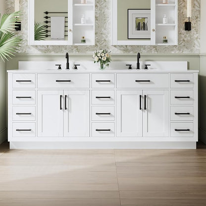 84-Inch Bathroom Vanity with Double Sinks W/ 4 Doors & 12 Drawers & 2 Flip Drawers, White Vanity W/Matte Black Handles