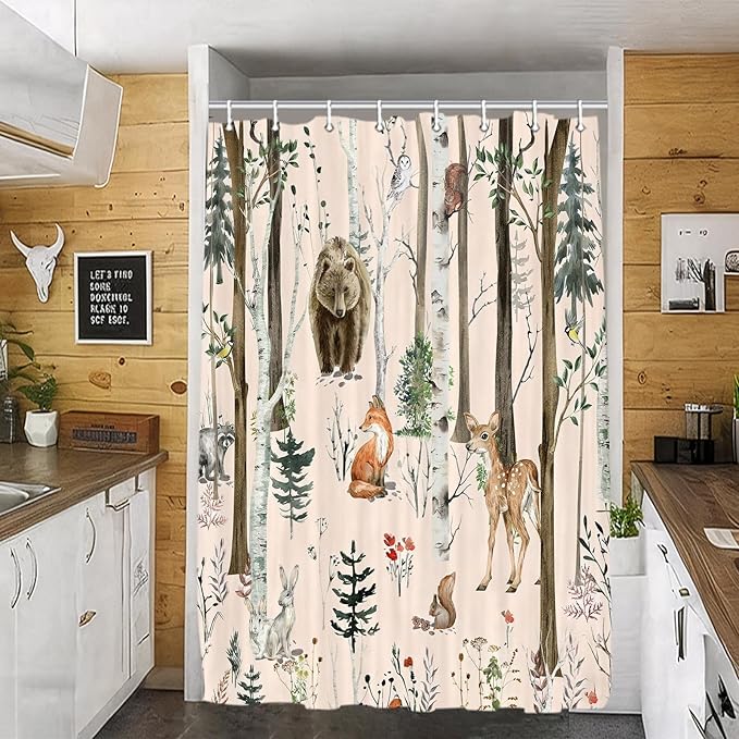 JAWO Rustic Forest Shower Curtains, Lodge Cabin Woodsy RV Shower Curtain, Wildlife Animals Woodland Campers Camping Bathroom Set with Hooks, 54x72 Inch, LightPink