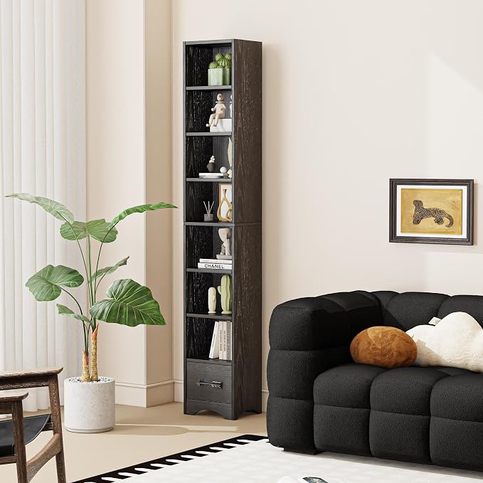 VECELO Tall Narrow Bookshelf with Drawer, 6 Adjustable Movable Shelves, Wood Space Saving Corner Storage Cabinet for Bathroom Bedroom, Sleek Black