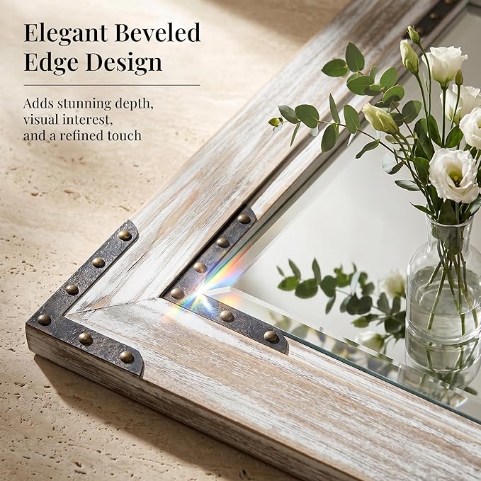 Distressed White 24x36 Inch Wood Bathroom Vanity Mirror, Rivets | Farmhouse style, beveled glass edge, layered whitewashed grain, single-sink bathrooms, dressers and entry consoles