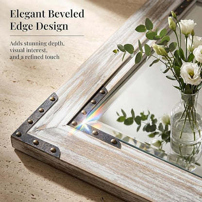 Distressed White 24x36 Inch Wood Bathroom Vanity Mirror, Rivets | Farmhouse style, beveled glass edge, layered whitewashed grain, single-sink bathrooms, dressers and entry consoles