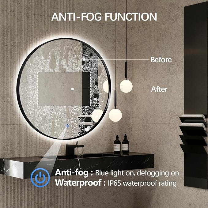 Niccy Round LED Bathroom Mirrors, Black Framed Backlit Vanity Mirror, 44" | LED Smart Circle Mirror with 3 Color Lighting, Anti-Fog Lighted, IP65 Waterproof, Wall Mounted Bathroom Vanity