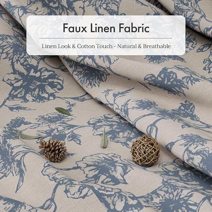 AmazerBath Light Blue Floral Shower Curtain, Modern Farmhouse Shower Curtain Set with Tassels, Rustic Faux Linen Shower Curtain Washable with Hooks for Cottagecore Style, 72x72 Inches