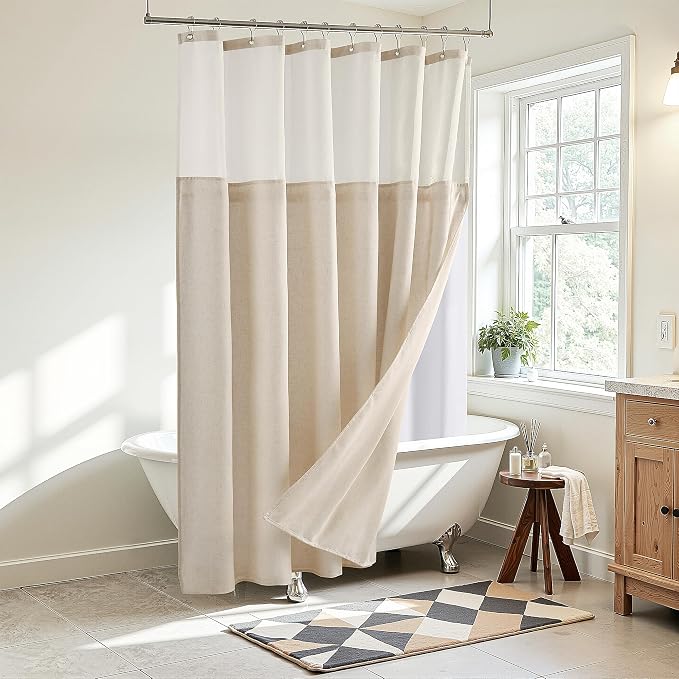 Linen Shower Curtain 78 Inches for Bathroom Ivory Double Layer | Curtains with Hook, Snap in Liner, Water Repellent, Boho Farmhouse, Neutral Bath Decor, 1 Panel, 72x78