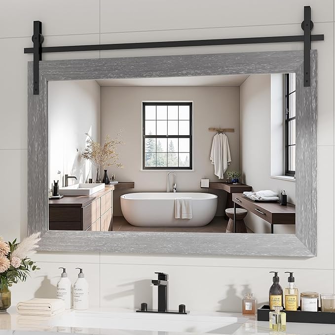 Hasipu Farmhouse Bathroom Mirror, 40"x26" Rustic Wood Framed Wall Mounted Mirror, Gray Vintage Vanity Mirror Barn Door Style Decrative Mirrors