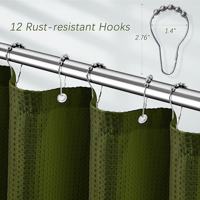 Long Waffle Army Green Shower Curtain, Heavy Duty Fabric Shower Curtain with Waffle Weave Hotel Quality Bathroom Shower Curtains, 72 x 78 Inches