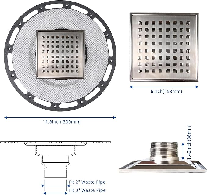 6-Inch Square Shower Drain Kit with Bonding Flange, Brushed Silver | Removable 304 stainless steel grate with hair strainer; fits 2- and 3-inch pipes for tiled shower floors and wet areas