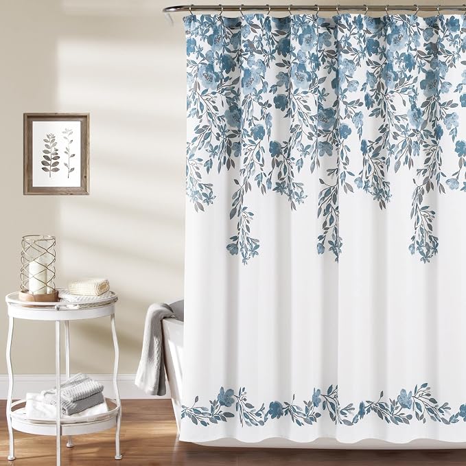 Lush Decor Tanisha Shower Curtain, 72" W x 72" L, Blue & Gray - Light Blue Flower Vine Print - Beautiful & Elegant Floral Shower Curtain - Modern Farmhouse, Cottage & French Country Bathroom Decor